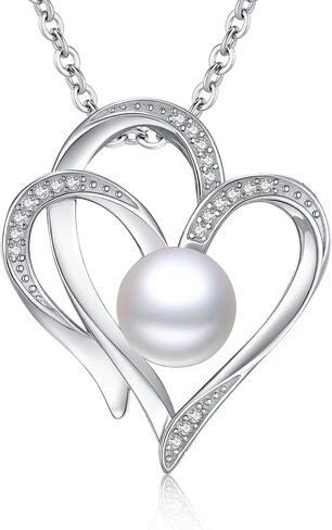 8mm Pearl Necklace 925 Sterling Silver Jewelry AAAAA Cubic Zirconia Heart Pendant Necklace Best Gifts for Mom Women Girlfriend Grandma Friend Lover Her Wedding Birthday Anniversary Graduation Daily in Saudi Arabia