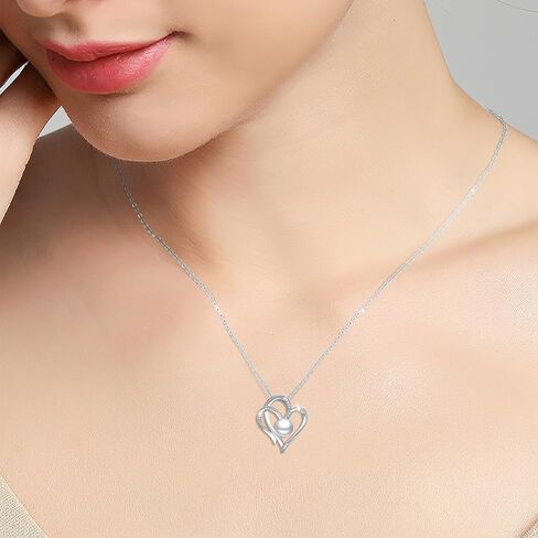 8mm Pearl Necklace 925 Sterling Silver Jewelry AAAAA Cubic Zirconia Heart Pendant Necklace Best Gifts for Mom Women Girlfriend Grandma Friend Lover Her Wedding Birthday Anniversary Graduation Daily in Saudi Arabia