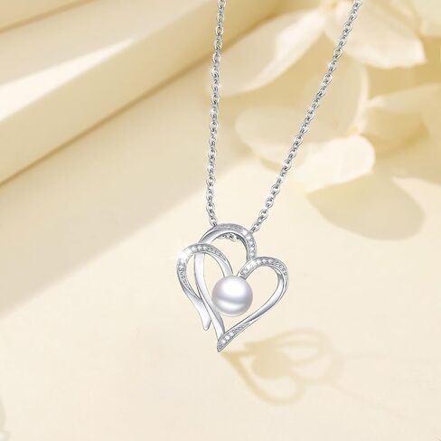 8mm Pearl Necklace 925 Sterling Silver Jewelry AAAAA Cubic Zirconia Heart Pendant Necklace Best Gifts for Mom Women Girlfriend Grandma Friend Lover Her Wedding Birthday Anniversary Graduation Daily in Saudi Arabia