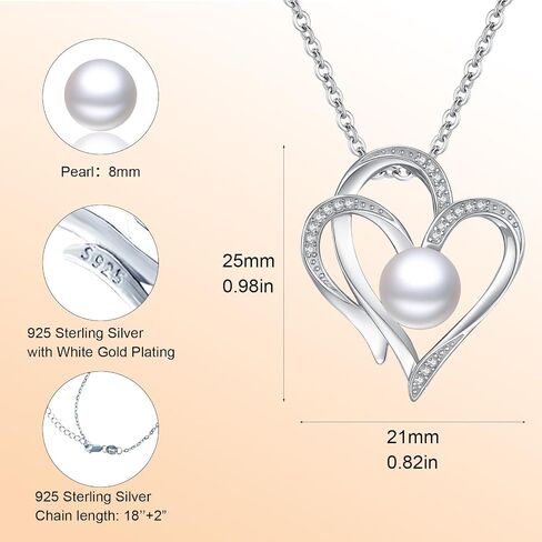 8mm Pearl Necklace 925 Sterling Silver Jewelry AAAAA Cubic Zirconia Heart Pendant Necklace Best Gifts for Mom Women Girlfriend Grandma Friend Lover Her Wedding Birthday Anniversary Graduation Daily in Saudi Arabia