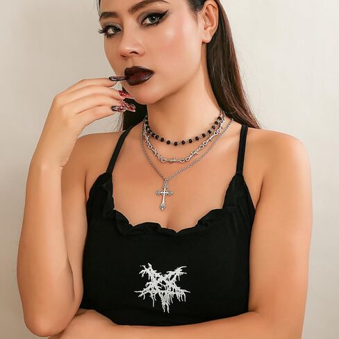 LAKIYOYO القوطية الصليب الطبقات قلادة القوطي الأسود حبة الصليب قلادة قلادة متعدد الطبقات الرجعية Y2k الشرير هالوين مجوهرات هدية للنساء in Kuwait