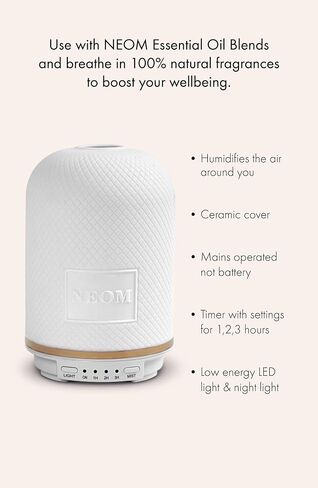 NEOM – Wellbeing Pod | Essential Oil Diffuser for Home | Aromatherapy Diffuser | Ceramic Cover, LED Light & Timer | Plug in Diffuser for Essential Oils | Home Fragrance in Kuwait