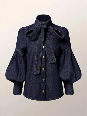 Women's Bow Tie Design Imitation Denim Puff Sleeve Shirt Spring and Autumn High Collar Fashion Shirt Tops in Saudi Arabia