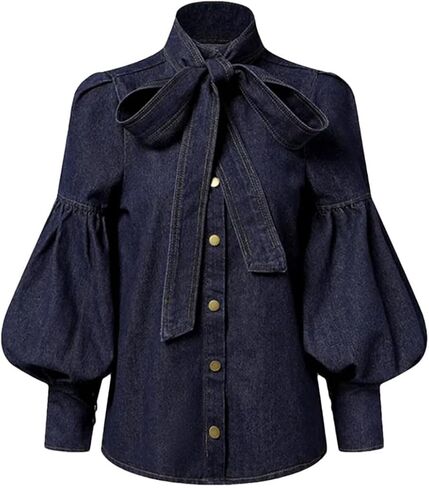 Women's Bow Tie Design Imitation Denim Puff Sleeve Shirt Spring and Autumn High Collar Fashion Shirt Tops in Saudi Arabia