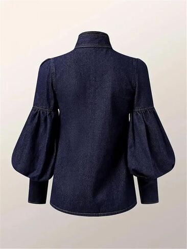 Women's Bow Tie Design Imitation Denim Puff Sleeve Shirt Spring and Autumn High Collar Fashion Shirt Tops in Saudi Arabia