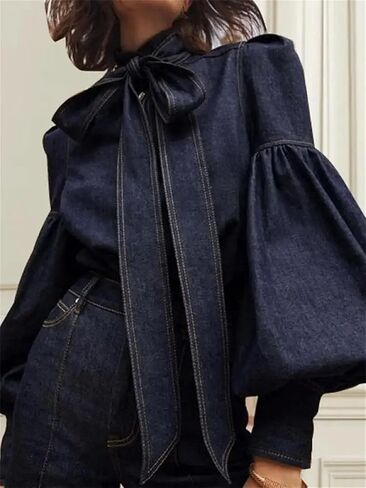 Women's Bow Tie Design Imitation Denim Puff Sleeve Shirt Spring and Autumn High Collar Fashion Shirt Tops in Saudi Arabia