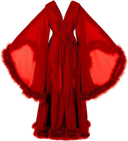 Women's Sexy Feather Bridal Robe Long Old Hollywood Chiffon Robe Sheer Maternity for Photoshoot Sleepwear Nightgown Bathrobe in Saudi Arabia