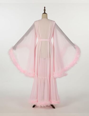 Women's Sexy Feather Bridal Robe Long Old Hollywood Chiffon Robe Sheer Maternity for Photoshoot Sleepwear Nightgown Bathrobe in Saudi Arabia
