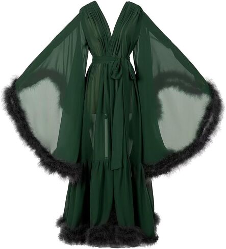 Women's Sexy Feather Bridal Robe Long Old Hollywood Chiffon Robe Sheer Maternity for Photoshoot Sleepwear Nightgown Bathrobe in Saudi Arabia