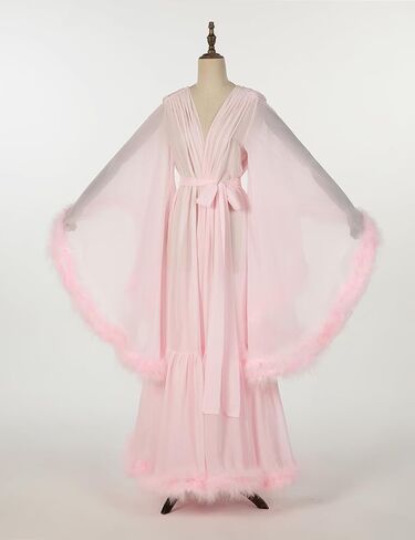 Women's Sexy Feather Bridal Robe Long Old Hollywood Chiffon Robe Sheer Maternity for Photoshoot Sleepwear Nightgown Bathrobe in Saudi Arabia