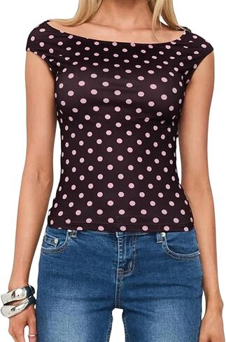Women Y2K Off Shoulder T-Shirt Short Sleeve Boat Neck Polka Dot Slim Fit Crop Top Summer Baby Tee Going Out Tops in Saudi Arabia