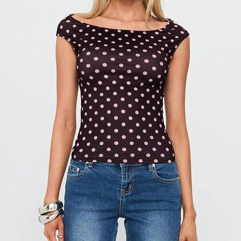Women Y2K Off Shoulder T-Shirt Short Sleeve Boat Neck Polka Dot Slim Fit Crop Top Summer Baby Tee Going Out Tops in Saudi Arabia