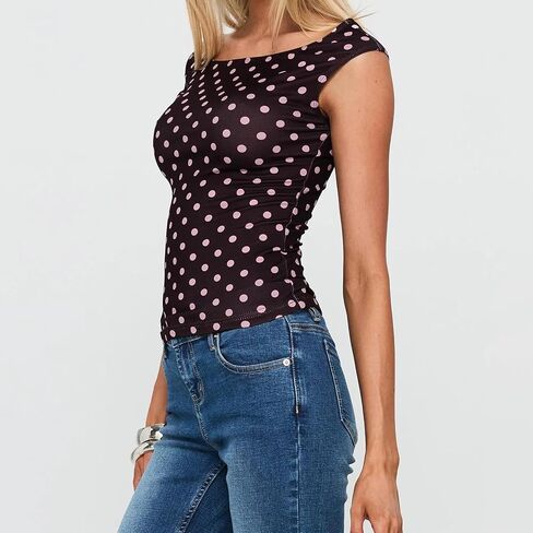 Women Y2K Off Shoulder T-Shirt Short Sleeve Boat Neck Polka Dot Slim Fit Crop Top Summer Baby Tee Going Out Tops in Saudi Arabia