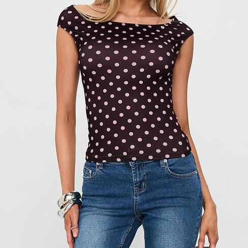 Women Y2K Off Shoulder T-Shirt Short Sleeve Boat Neck Polka Dot Slim Fit Crop Top Summer Baby Tee Going Out Tops in Saudi Arabia