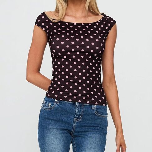 Women Y2K Off Shoulder T-Shirt Short Sleeve Boat Neck Polka Dot Slim Fit Crop Top Summer Baby Tee Going Out Tops in Saudi Arabia