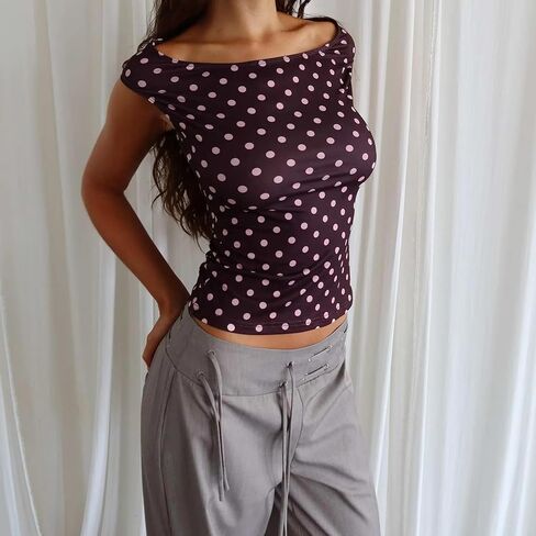 Women Y2K Off Shoulder T-Shirt Short Sleeve Boat Neck Polka Dot Slim Fit Crop Top Summer Baby Tee Going Out Tops in Saudi Arabia