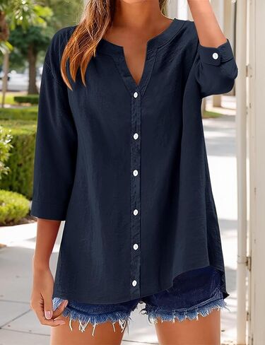 Womens Casual V Neck Blouse 3/4 Sleeves Button Front Loose Fit Tunic Style Shirt in Saudi Arabia