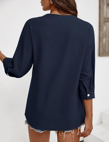 Womens Casual V Neck Blouse 3/4 Sleeves Button Front Loose Fit Tunic Style Shirt in Saudi Arabia