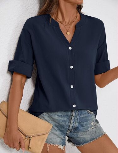 Womens Casual V Neck Blouse 3/4 Sleeves Button Front Loose Fit Tunic Style Shirt in Saudi Arabia