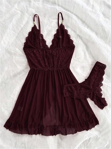 MakeMeChic Women's 2 Piece Babydoll Lingerie Set Floral Lace Ruffle Nightgown and Bow Thongs Sets in Saudi Arabia
