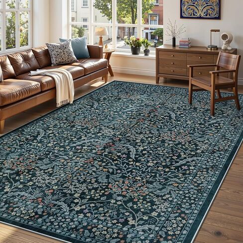 LIVEBOX Dark Green Floral Washable Area Rug 5x7 Rugs for Living Room Bedroom, Vintage Green Forest Floral Rug, Boho Non Slip Low Pile Stain Resistance Throw Carpet for Farmhouse, Dining Room, Office in Kuwait