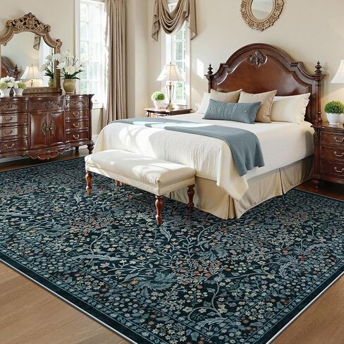 LIVEBOX Dark Green Floral Washable Area Rug 5x7 Rugs for Living Room Bedroom, Vintage Green Forest Floral Rug, Boho Non Slip Low Pile Stain Resistance Throw Carpet for Farmhouse, Dining Room, Office in Kuwait