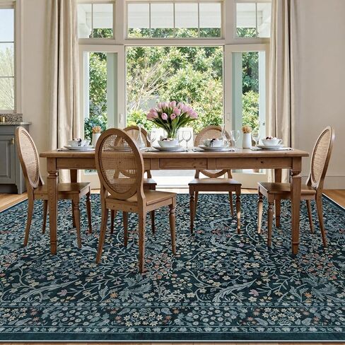 LIVEBOX Dark Green Floral Washable Area Rug 5x7 Rugs for Living Room Bedroom, Vintage Green Forest Floral Rug, Boho Non Slip Low Pile Stain Resistance Throw Carpet for Farmhouse, Dining Room, Office in Kuwait