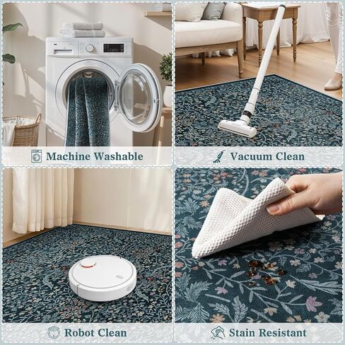 LIVEBOX Dark Green Floral Washable Area Rug 5x7 Rugs for Living Room Bedroom, Vintage Green Forest Floral Rug, Boho Non Slip Low Pile Stain Resistance Throw Carpet for Farmhouse, Dining Room, Office in Kuwait