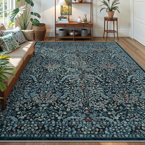 LIVEBOX Dark Green Floral Washable Area Rug 5x7 Rugs for Living Room Bedroom, Vintage Green Forest Floral Rug, Boho Non Slip Low Pile Stain Resistance Throw Carpet for Farmhouse, Dining Room, Office in Kuwait