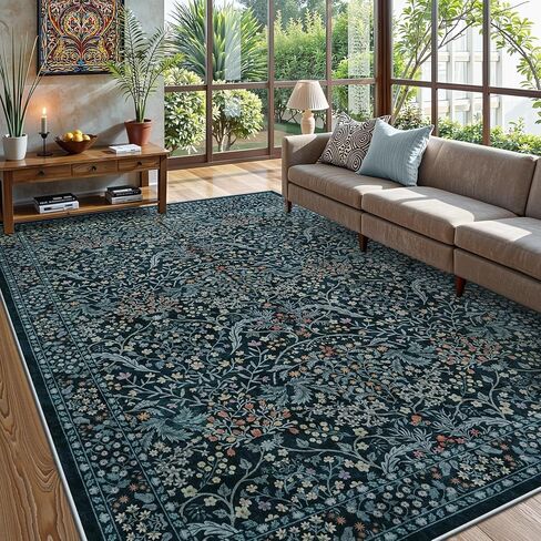 LIVEBOX Dark Green Floral Washable Area Rug 5x7 Rugs for Living Room Bedroom, Vintage Green Forest Floral Rug, Boho Non Slip Low Pile Stain Resistance Throw Carpet for Farmhouse, Dining Room, Office in Kuwait