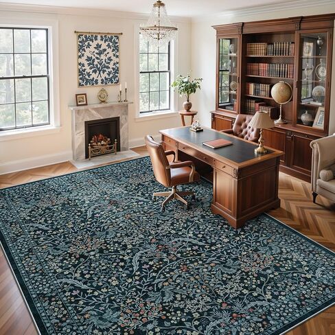 LIVEBOX Dark Green Floral Washable Area Rug 5x7 Rugs for Living Room Bedroom, Vintage Green Forest Floral Rug, Boho Non Slip Low Pile Stain Resistance Throw Carpet for Farmhouse, Dining Room, Office in Kuwait