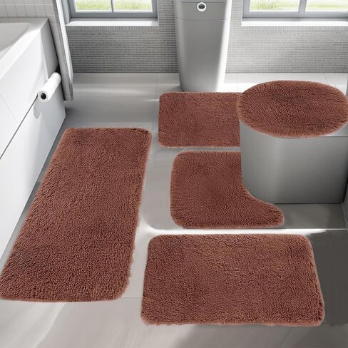 5PCS Bath Mat Solid Color Bath Mats 5 Set Bathroom Rugs for Toilet Mats Universal Soft Longhair Water Absorption Non-Slip Thick Machine Washable Easy to Dry Dark Color (Black) in Saudi Arabia