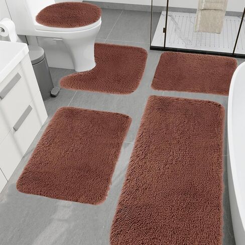 5PCS Bath Mat Solid Color Bath Mats 5 Set Bathroom Rugs for Toilet Mats Universal Soft Longhair Water Absorption Non-Slip Thick Machine Washable Easy to Dry Dark Color (Black) in Saudi Arabia