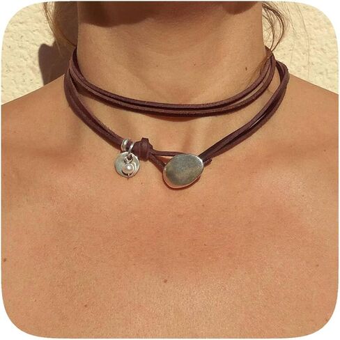 Boho Choker Necklace for Women Western Leather Shell Cord Trendy Layered Western Turquoise Accessories Necklaces Jewelry for Women in Saudi Arabia