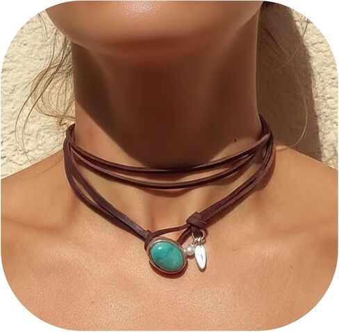 Boho Choker Necklace for Women Western Leather Shell Cord Trendy Layered Western Turquoise Accessories Necklaces Jewelry for Women in Saudi Arabia