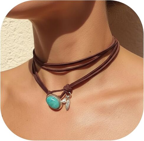 Boho Choker Necklace for Women Western Leather Shell Cord Trendy Layered Western Turquoise Accessories Necklaces Jewelry for Women in Saudi Arabia