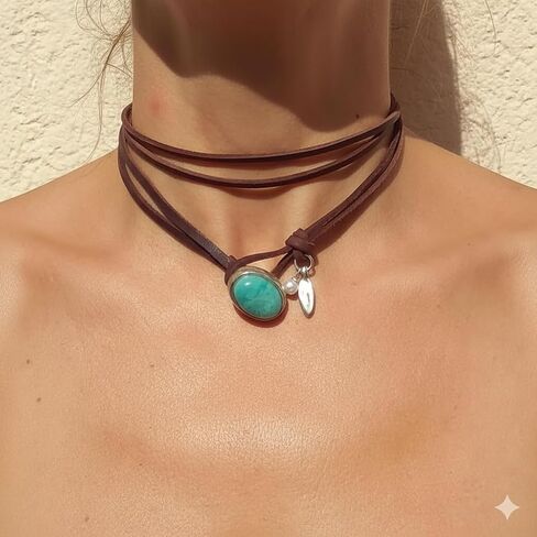 Boho Choker Necklace for Women Western Leather Shell Cord Trendy Layered Western Turquoise Accessories Necklaces Jewelry for Women in Saudi Arabia