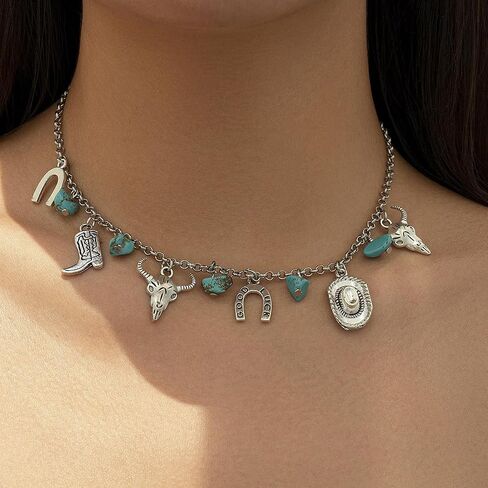 Boho Choker Necklace for Women Western Leather Shell Cord Trendy Layered Western Turquoise Accessories Necklaces Jewelry for Women in Saudi Arabia