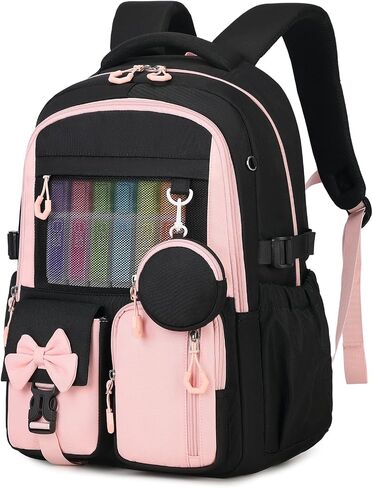 Backpack for School, Kids Backpacks for Girls, Girls Cute Bookbag for Teens, Schoolbag for Elementary Middle School Students, Girl Backpacks Ages 6-8, With Coin Purse, Travel, Camp, Black Pink in Kuwait