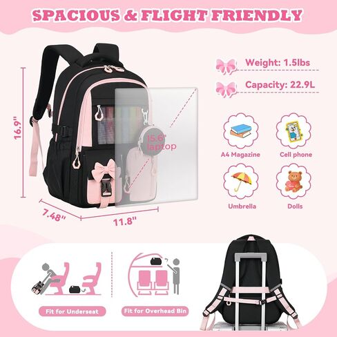 Backpack for School, Kids Backpacks for Girls, Girls Cute Bookbag for Teens, Schoolbag for Elementary Middle School Students, Girl Backpacks Ages 6-8, With Coin Purse, Travel, Camp, Black Pink in Kuwait