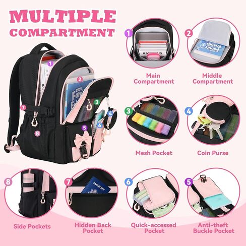Backpack for School, Kids Backpacks for Girls, Girls Cute Bookbag for Teens, Schoolbag for Elementary Middle School Students, Girl Backpacks Ages 6-8, With Coin Purse, Travel, Camp, Black Pink in Kuwait