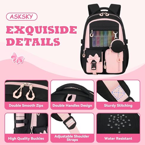 Backpack for School, Kids Backpacks for Girls, Girls Cute Bookbag for Teens, Schoolbag for Elementary Middle School Students, Girl Backpacks Ages 6-8, With Coin Purse, Travel, Camp, Black Pink in Kuwait