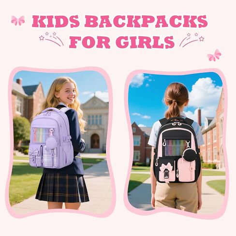 Backpack for School, Kids Backpacks for Girls, Girls Cute Bookbag for Teens, Schoolbag for Elementary Middle School Students, Girl Backpacks Ages 6-8, With Coin Purse, Travel, Camp, Black Pink in Kuwait