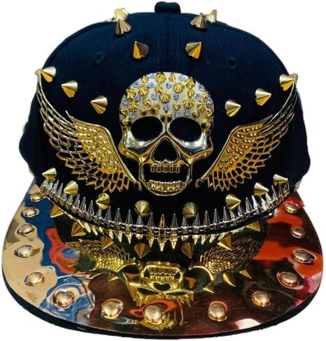 Hip Hop Hat, Flat-Brimmed Hat, Rock Cap Skull Cap with Rivets, Adjustable Hat for Men and Women in Saudi Arabia