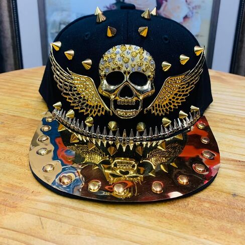 Hip Hop Hat, Flat-Brimmed Hat, Rock Cap Skull Cap with Rivets, Adjustable Hat for Men and Women in Saudi Arabia