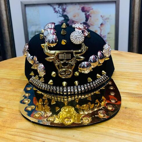 Hip Hop Hat, Flat-Brimmed Hat, Rock Cap Skull Cap with Rivets, Adjustable Hat for Men and Women in Saudi Arabia