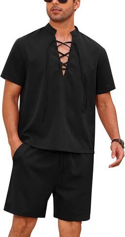 OLEMEK Men's 2 Piece Summer Fashion Short Sleeve Lace-up Neckline Shirt and Shorts Set Beach Tropical Vacation Set in Kuwait