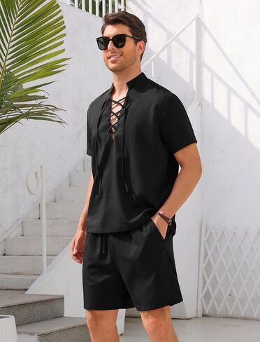 OLEMEK Men's 2 Piece Summer Fashion Short Sleeve Lace-up Neckline Shirt and Shorts Set Beach Tropical Vacation Set in Kuwait