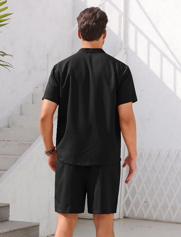 OLEMEK Men's 2 Piece Summer Fashion Short Sleeve Lace-up Neckline Shirt and Shorts Set Beach Tropical Vacation Set in Kuwait