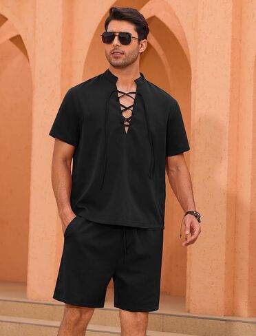 OLEMEK Men's 2 Piece Summer Fashion Short Sleeve Lace-up Neckline Shirt and Shorts Set Beach Tropical Vacation Set in Kuwait